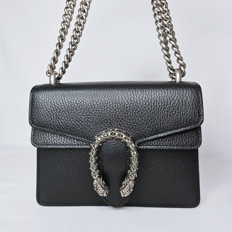 Gucci Pebbled Calfskin Crystal Embellished Mini Dionysus Bag Black