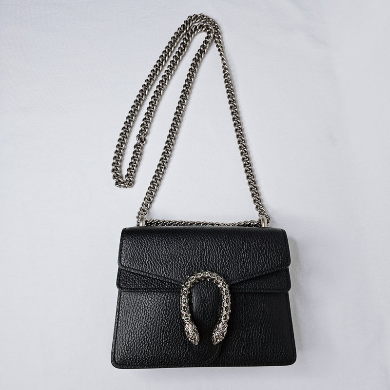 Gucci Pebbled Calfskin Crystal Embellished Mini Dionysus Bag Black