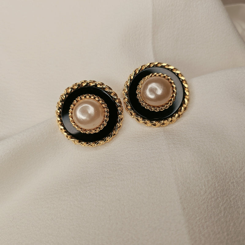 CHANEL Faux Pearl Earrings Black Gold, 1986