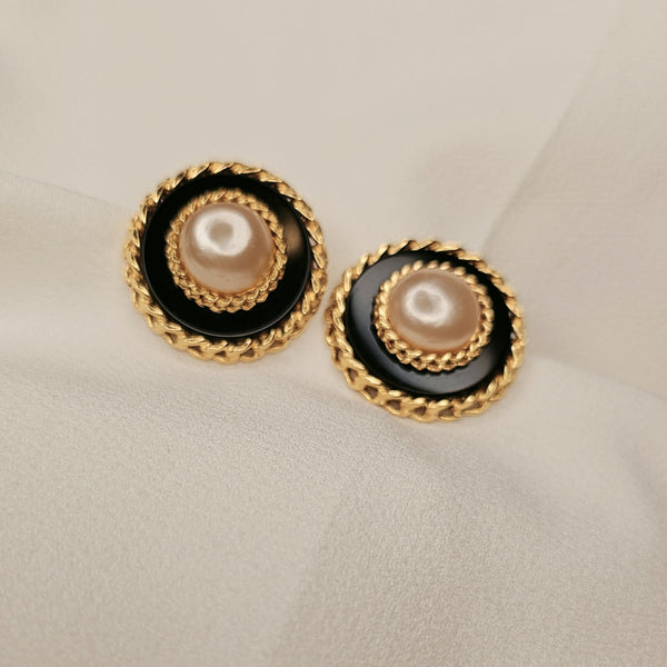 CHANEL Faux Pearl Earrings Black Gold, 1986
