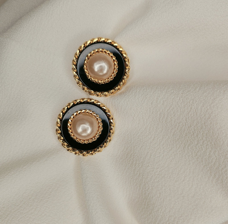 CHANEL Faux Pearl Earrings Black Gold, 1986